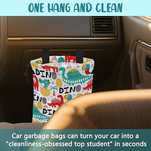 Image of Car Trash Bag Dinosaur with Abstrct Palms and Eggs Leak-Proof Waterproof Car Garbage Bag with Drawstring Foldable Canvas Trash Bin with Adjustable Buckle for Car Accessories, Travelling, Camping