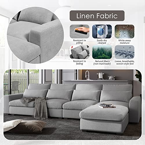 Kevinspace 129.9" L-Shaped Sofa Modern 3 Seat Upholstered Couch Reversible Sectional Sofa With Removable Ottomans Solid Wood Legs And Waist Pillows For Living Room, Bedroom, Light Gray #TOP4