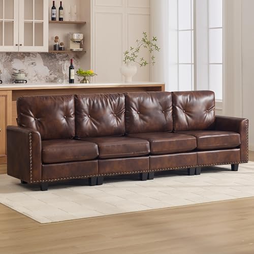Image of 105 inch Faux Leather Modular Sectional 4 Seater Couch, Vintage PU Leather Sofa with Nailhead Trim, Mid Century Modern Tufted Couches for Living Room, Bedroom, Office, Reception, Brown
