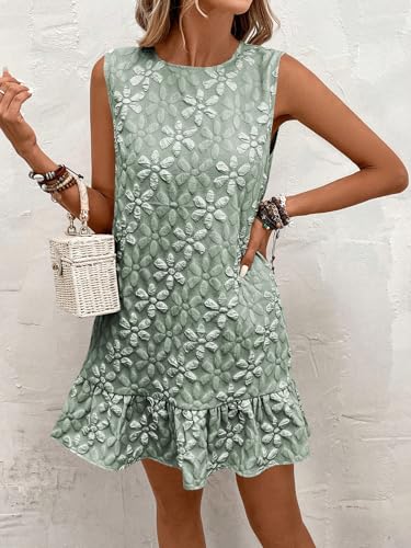 Image of SOLY HUX Women's Ruffle Hem Sleeveless Tank Dress Round Neck Casual Jacquard Hem Smock Summer Mini Dresses