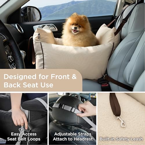 Lesure Hundesitz Auto kleine Hunde - wasserdichter und waschbarer Hunde Autositz mit Aufbewahrungstaschen, ansteckbarer Sicherheitsleine und verdickter Memory-Schaum-Füllung, 58x56x33cm, Beige
