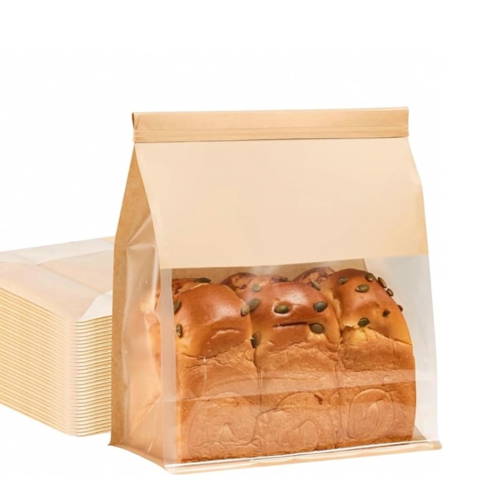PAICUIKE Bread Bags Large Bakery Bag with Window Packaging Bags Tin Tie Tab Lock 50 Pack, for Homemade Sourdough Bread, 8.7x4.3x11 Inches, Kraft Paper