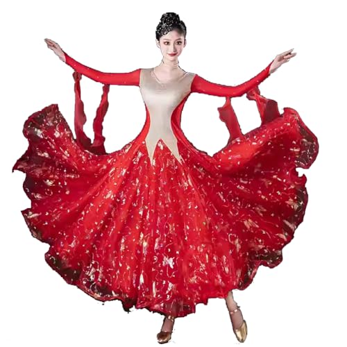 purpleq Vestido de Baile de salón Femenino Moderno Vals Tango Estándar Competición Rojo con Encaje y Mangas largas Falda Amplia,Rojo,XL