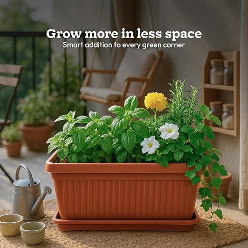 Image of UGAOO Bellow Rectangle Window Planter - Set of 3 | Terracotta Colour | Long & Deep Planters for Balcony Railings, Windowsills & Gardens | Lightweight, Durable & Recyclable | Matte Finish