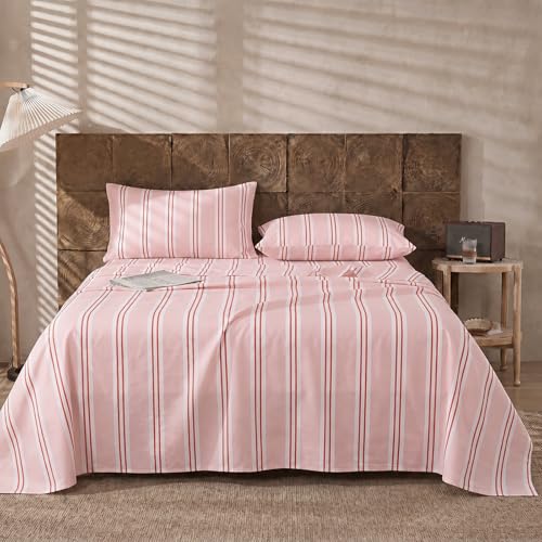 Image of Merryword 100% Cotton Sheet Set King Size, Pink Stripes Bedding, Soft Breathable Percale Weave, Modern Minimalist, Luxury Linen Like, Deep Pocket Fitted Sheet 17.5 inch