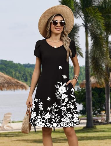 Image of Zeagoo Womens Summer A-Line Dress with Pockets Mini Short Sleeve Dresses Flowy Beach Swing Dress 2026 Vacation Travel
