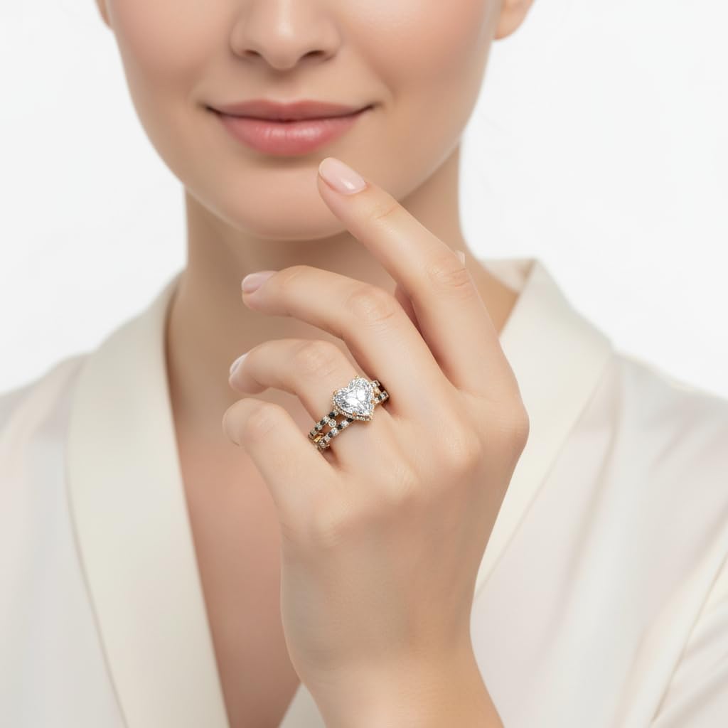 Yellow Gold Plated Heart Halo Engagement Ring Set for Women. Blue & White Gemstone Bridal Wedding Anniversary Promise Ring, Newly Designed, US Size 4-12.
