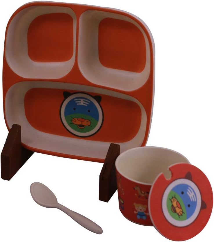 Red Butler 3Pieces Bamboo Dish Set - Eco-Friendly Bamboo Dinnerware Set for Children & Toddlers, Includes Divided Plate, Cup with Lid & Spoon - BPA Free & Dishwasher Safe Plates (Multicolour)