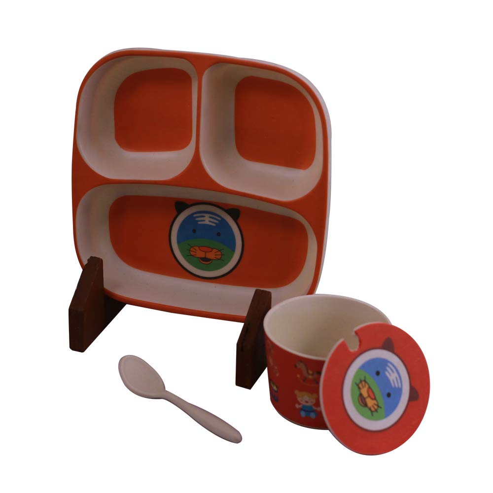 Red Butler 3Pieces Bamboo Dish Set - Eco-Friendly Bamboo Dinnerware Set for Children & Toddlers, Includes Divided Plate, Cup with Lid & Spoon - BPA Free & Dishwasher Safe Plates (Multicolour)