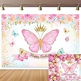 Yeele 10x8ft Happy Birthday Photo Backdrop Curtain Pink Flower Butterfly Vinyl Photography Background Princess Gold Sequin Crown Birthday Party Photo Backdrop Curtain Wall Art Decoration Studio Props