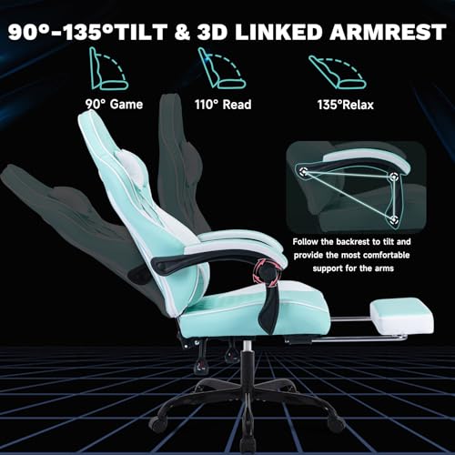 Image of Gaming Chair with Footrest for Home Office - High Back Computer Chair with Headrest and Lumber Support, Ergonomic Height Adjustable Leather Game Chairs (Green+White)