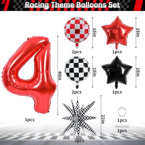 Image of TONIFUL Race Car Party Balloons Set - 40 Inch Red Number 4 Foil Balloon with Checkered Round, Explosion Star & Star Balloons for Boys 4th Birthday Car Themed Decorations, Photo Backdrop Supplies