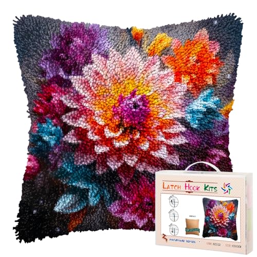 Image of Beautiful Flowers Dahlia DIY Latch Hook Pillow Kits for Adults Printed Pillowcase Crochet Yarns Hooking Handmade Pillow Cover Cushion for Home Sofa Decoration 17x17inch