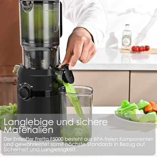 Fretta Entsafter,Slow Juicer mit 108MM Breite und Größere Fütterungsröhre,Füllvolumen für ganze Gemüse und Obst,BPA-frei Tritan-Material Entsafter,Einfacher Installation,200W
