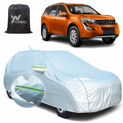 Image of Car Body Cover for Mahindra XUV 500, 100% Waterproof, Heat-Resistant with Mirror & Antenna Pockets, Soft Cotton Lining, Triple Stitched, Green Reflector (Reflective Silver)