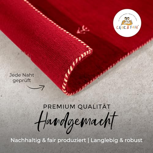 carpetfine Wollteppich Gabbeh Uni Läufer Rot 80x300 cm | Moderner Teppich für Wohn- und Schlafzimmer