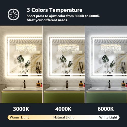 Image of 66x48 Inch LED Bathroom Mirror with Lights Front and Backlit Lighted Vanity Mirror for Bathroom Wall with 3 Colors Dimmable Anti-Fog Memory Shatter-Proof
