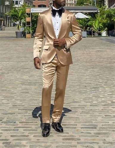 Fashion Satin Suit for Men Prom Party 2 Piece Shiny Wedding Tuxedo Suits One Button Dinner Jacket Pants Set4