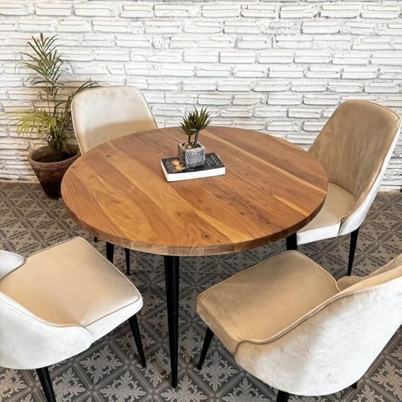 Image of Solid Wooden Brown Finish Round Four Seater Dining Table with Wooden Legs for Living Room, Dining Room, Hotel & Cafe | 107 x 107 x 76 CM