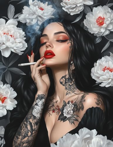 DIY Cross Stitch Kit for Beginners Beautiful Woman Tattoos Smoking 11CT Complete Embroidery Kit with Pattern Stamped Needlepoint Craft Kit for Home Decor 30x40cm-4