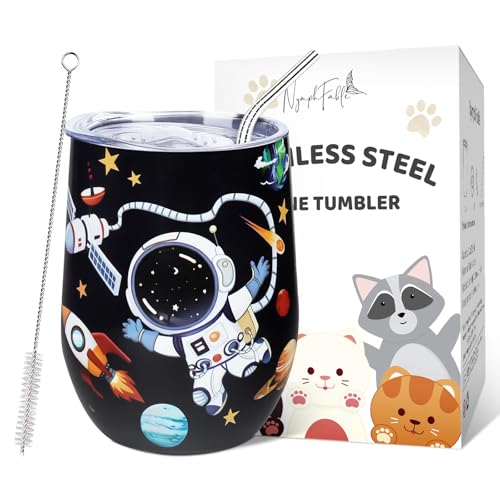 NymphFable 12oz Vaso Termo Cafe con Tapa y Pajita, Astronautas Taza Termica de Acero Inoxidable para Llevar sin Tallo
