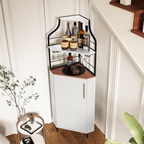 Image of ARTPOWER Corner Bar Cabinet with LED Strip, 4-Tiers Liquor Cabinet, White