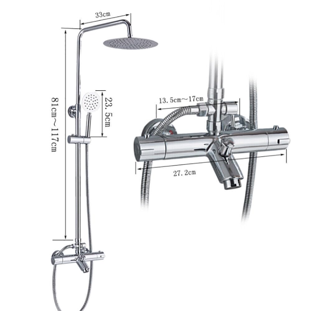 Sistema de ducha con termostato, termostato con grifo, 3 salidas de agua, grifo de ducha con alcachofa de acero inoxidable, barras de ducha de 81 a 117 cm