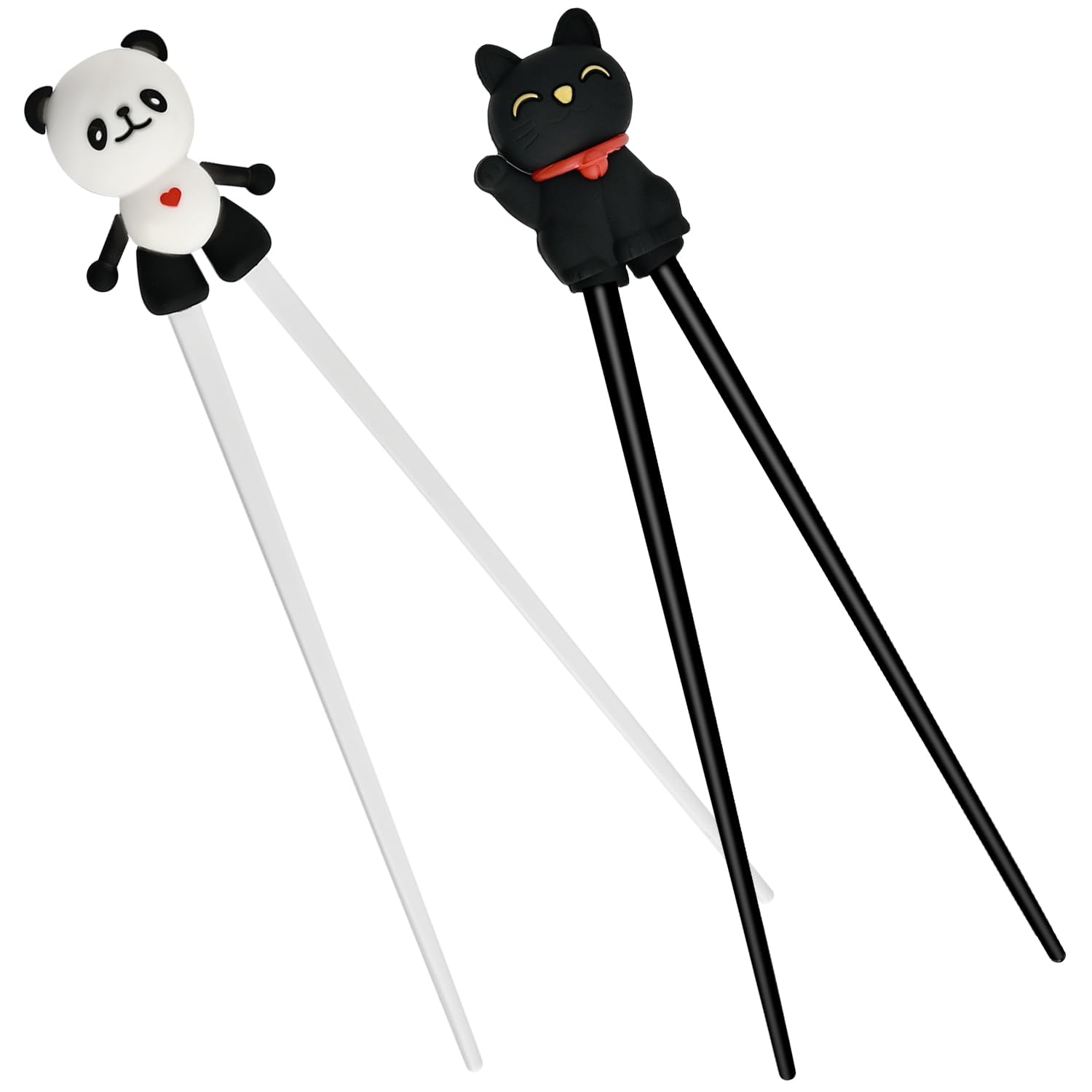 2 Pairs Rebound Training Chopsticks, Panda & Lucky Cat Design, Reusable Non-Slip Beginner Chopsticks with Easy-Bounce Hinge, Heat-Resistant Training Chopsticks Set