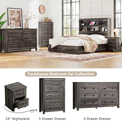 LUXOAK 4 Pieces Farmhouse Bedroom Furniture Set, 1 X 5 Drawer Dresser, 1 X Rustic 6 Drawer Storage Dresser, Nightstand Set of 2 with Charging Station, Farmhouse Bedroom Set, Grey - Thumbnail 5