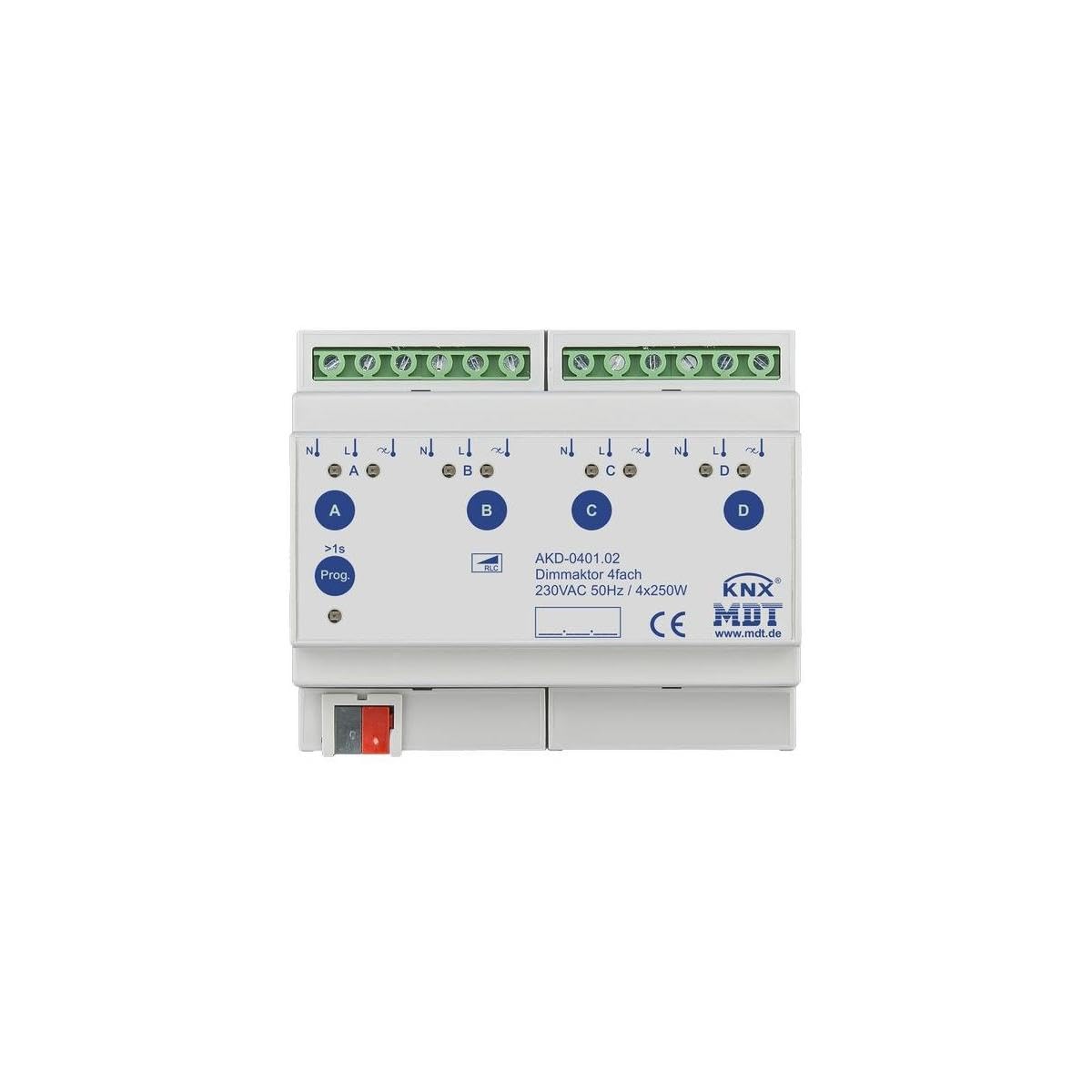 Attuatore dimmer KNX 4 volte, 6TE, REG, 250 W, 230 VAC con misurazione della potenza attiva