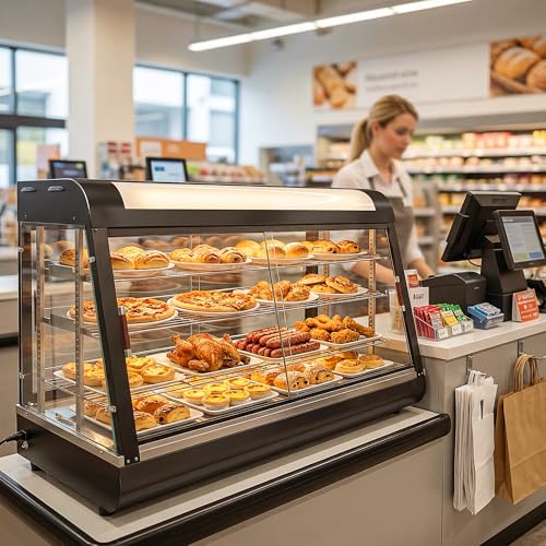 Lumelay 48-inch Commercial Food Warmer Display Case, 3-Tier Countertop Food Pizza Pastry Warmer w/ 3D Heating with LED Lighting Removable Shelves Glass Door, Pastry Display Case for Buffet Restaurant