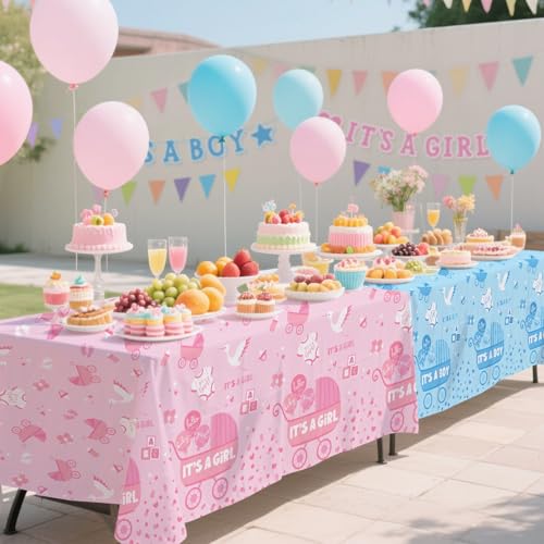 Image of Gatherfun Baby Gender Reveal Party Supplies: 2-Pack Gender Reveal Decorations,Disposable Plastic Tablecloth, Ideal Table Cover for Boy or Girl, Baby Shower Party Decorations