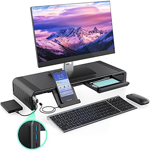 Monitor Stand with Hub, Computer Screen Riser Adjustable and Foldable with USB 3.0 and Type C Charging Ports and UK Mains Plug for Computer/Desktop/PC/Laptop/TV/Printer, Black