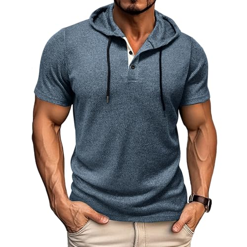 Men's Short Sleeve Hoodie Fashion Athletic Workout Gym Pullover Hooded Shirt Button Muscle Fit Summer Sweatshirt Lightweight Hip Hop Running Boxing Hiking Sport Hoodys Shirts