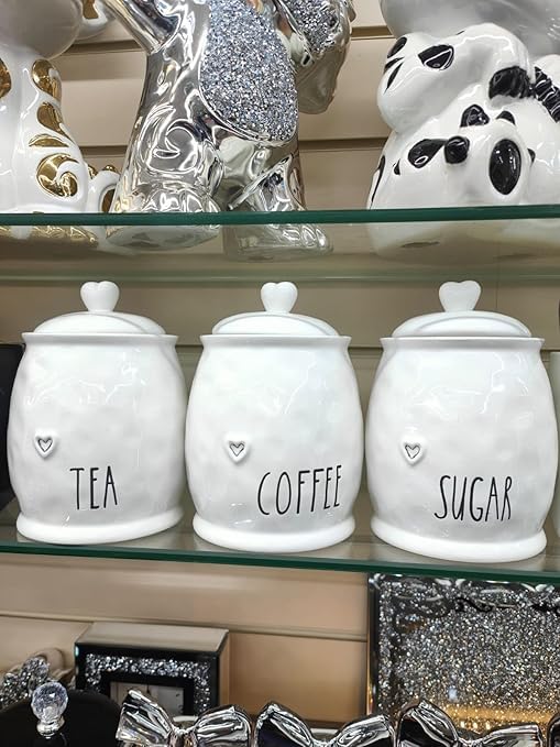 Biznest Set Of 3 Ceramic Tea Coffee & Sugar White Storage Jars Shabby Chic Heart Design Lid Home Decor — image 1