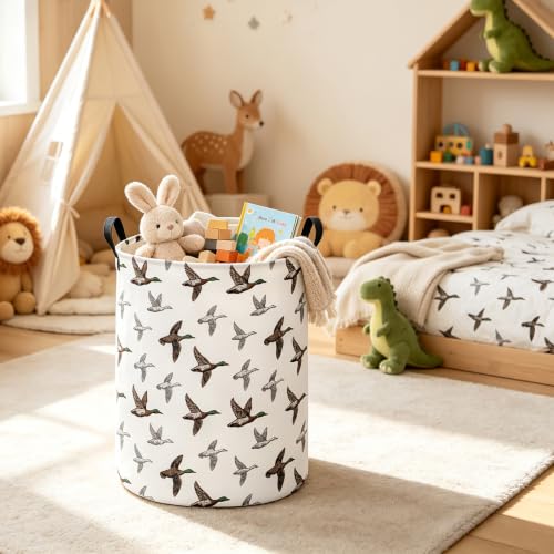 Image of Round Laundry Basket Collapsible Storage Hamper Organizer Mallard Duck | Waterproof Canvas Foldable Baskets with sturdy Handles Multi-scene Organizer for Home Play Bedroom Gift Bin