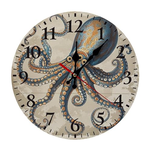 Image of RLDOBOFE Retro Octopus Wall Clock 10 Inch Battery Operated Wood Wall Clocks Round Silent Non-Ticking Clock Farmhouse Decorative Clocks for Kitchen Bedroom Office Bathroom Black