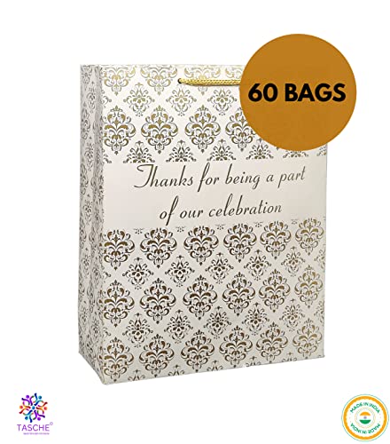 Image of TASCHE Polyurethane Thank U Gold Floral Design Paper Bag For Return Gift, Small Presents, Weddings, Birthday, Holiday Presents(Size 12 X 9.5 X 4 Inch Pack Of 60)