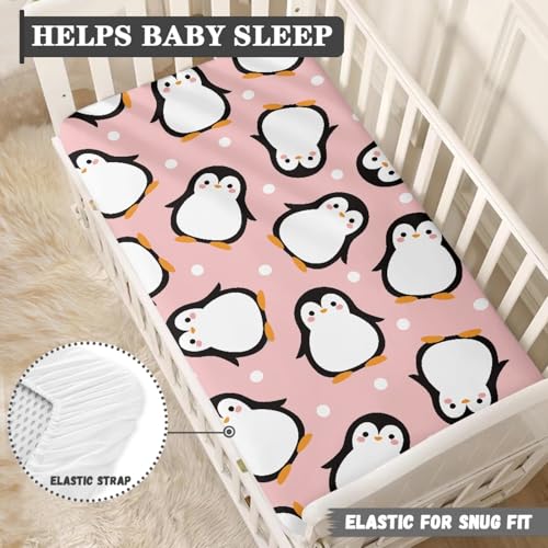 Image of Pink Penguin Cartoon Baby Crib Sheets for Boys Girls Fitted Crib Sheets Kid Crib Fitted Sheets Crib Cover Single Pack 28 inchx52 inch