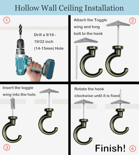 Image of Large Swag Ceiling Hooks Heavy Duty Swag Hook with Hardware for Hanging Plants Ceiling Installation Cavity Wall Fixing (2 Sets, Antique Brass)