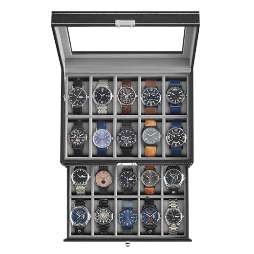 SONGMICS 20-Slot Watch Box, Watch Case with Glass Lid, 2 Layers, Lockable Watch Display Case, Black Synthetic Leather, Gray Lining UJWB006