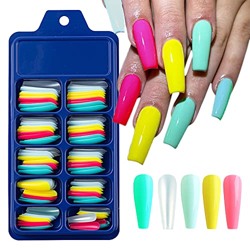 CHANGAR Colorful Long Coffin False Nails Ballerina Fake Nail Candy Press On Nail Acrylic Nail Tips Full Cover Colorful Artificial Nails for Nail Salons and DIY Nail Art (100Pcs) (1)