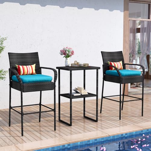 Image of Sundale Outdoor Wicker Bar Stool Set of 2, Patio Counter Height Pub Chair with Arms, High Top Rattan Barstool, Cushion Beige, All-Weather Outdoor Rattan Furniture (Gray&Blue, Small Seat - 2 Stools)