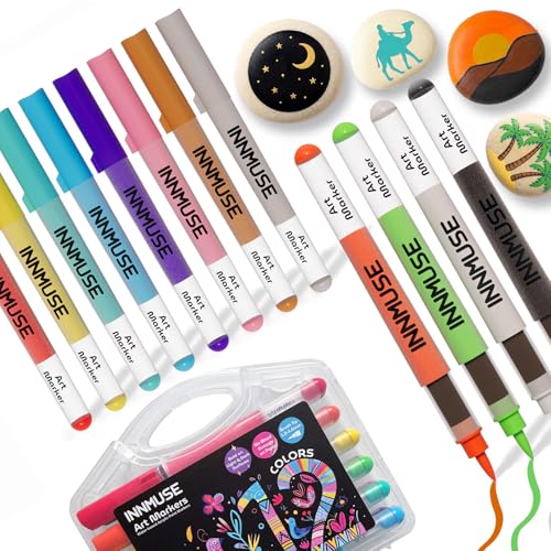 INNMUSE 12-Color Acrylic Markers Soft Brush Tip Permanent Coloring Markers for Canvas Wood Metal Ceramic Stone & Rock Painting Art & Craft Supplies for Adults & Kids