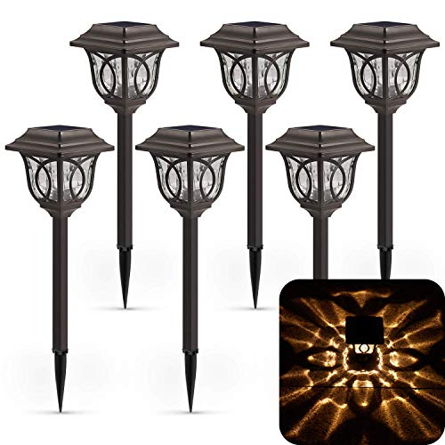 XMCOSY+ Solar Pathway Lights â€“ 6 Pack Solar Outdoor Lights, Glass & Metal Solar Lights Outdoor Pathway, 25 LM Auto On/Off, Solar Lights Outdoor Waterproof IP65 Garden Solar Lights for Yard, Landscape
