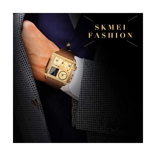 SKMEI Men's Digital Sports Watch, LED Square Large Face Analog Quartz Wrist Watch with Multi-Time Zone Waterproof Stopwatch, Golden brown, 2.17*2*0.59 inch, casual - Image 5