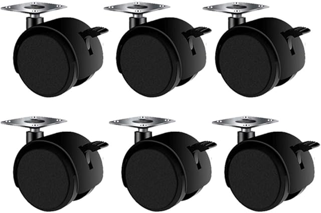 Twin Wheel Furniture Castors, Tiberham 40mm 360° Swivel Nylon Wheel Casters with Brake, Heavy Duty Non Marking Universal Swivel Caster Trolley Wheel with Fixing Plate (Pack of 6)
