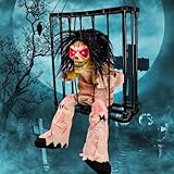 MGparty Halloween Screaming Animated Decorations Halloween Decor Prop with Motion Sensor Scary Skull Cage Prisoner Spooky Hanging Ghost Light Up Eyes (White)