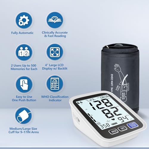 Image of Blood Pressure Machine Upper Arm, 9-17 Inches Cuff Fits from Medium to Large Arms, Accurate Automatic Digital BP Kit Home Use, BP Monitor 2-User Mode, 4 AAA Alkaline Batteries Included