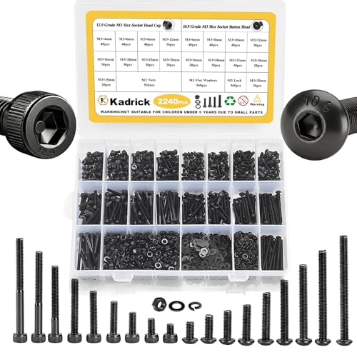 KADRICK 2240PCS M3 Screw Assortment,Hex Socket Button & Cap Head M3 Screws